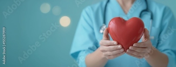 Obraz Healthcare professional in blue scrubs holding a red heart model, symbolizing heart health and medical care.