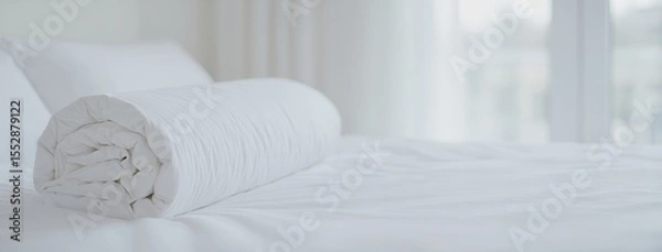 Obraz Freshly rolled white duvet on a pristine bed with clean white sheets and blurred window background, comfort and hygiene.