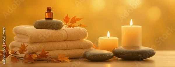 Obraz Cozy spa setting with stacked beige towels, essential oil bottle, smooth massage stones, and lit candles, adorned with autumn leaves for relaxation.
