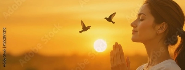 Obraz Woman meditating with hands in prayer pose against a golden sunset sky with birds flying, symbolizing peace and spirituality.
