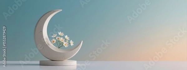 Obraz Elegant white crescent moon sculpture with delicate white flowers on a pedestal against a serene blue and peach gradient background, Ramadan concept.