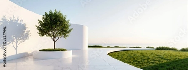 Obraz Modern minimalist outdoor patio with a tree and curved white walls overlooking the ocean, Luxury Coastal Living.