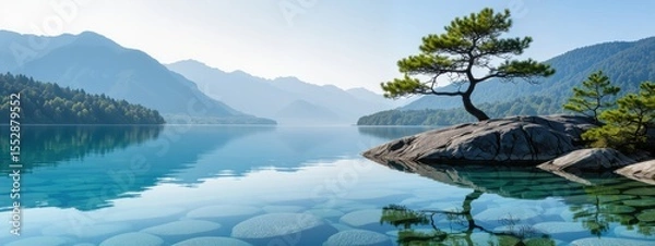 Obraz A serene panoramic view of a clear turquoise lake with a solitary pine tree on a rocky island and majestic mountains in the background, symbolizing tranquility and natural beauty.