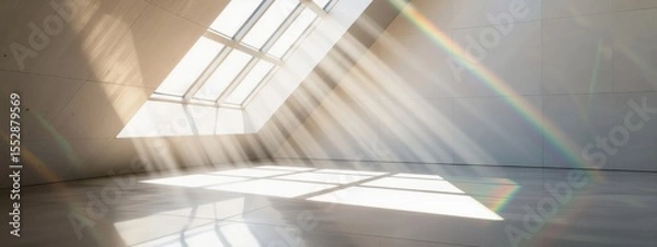 Obraz Sunlight streaming through a modern skylight into an empty room with a rainbow prism effect, creating bright geometric patterns on the floor, hope and new beginnings.