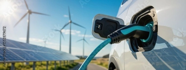 Obraz Electric car charging with a blue cable at a station powered by solar panels and wind turbines under a sunny sky, Green Energy.