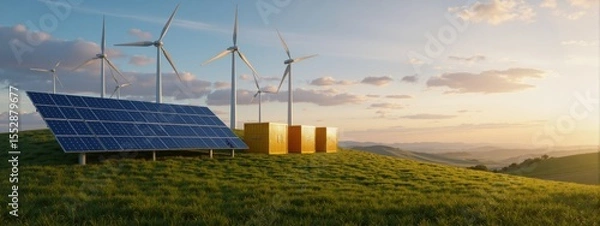 Obraz Solar panels and wind turbines on a green hill with energy storage containers under a beautiful sunset sky. Renewable Energy.