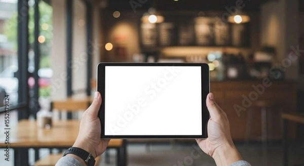 Obraz Hands of an adult man holding a tablet with a blank white screen in a blurred coffee shop background, digital display concept.