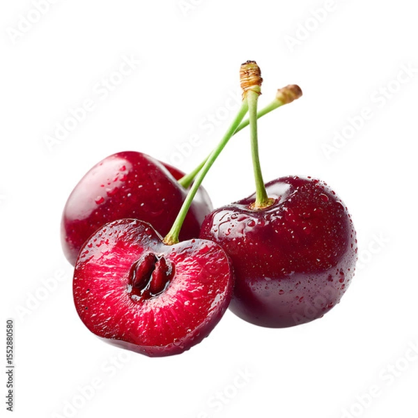 Fototapeta Fresh Red Cherry with Stem, Leaf, and Water Drops Isolated on Transparent Background.