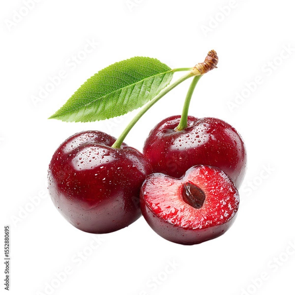 Fototapeta Fresh Red Cherry with Stem, Leaf, and Water Drops Isolated on Transparent Background.