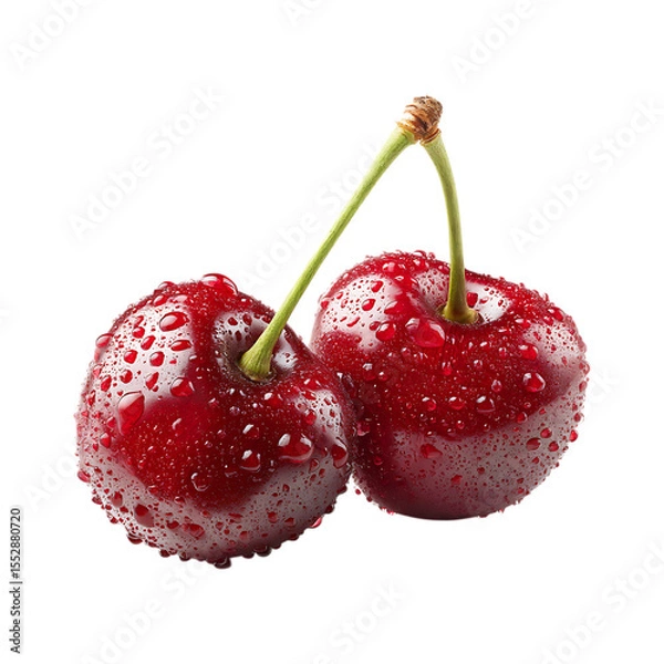 Fototapeta Fresh Red Cherry with Stem, Leaf, and Water Drops Isolated on Transparent Background.