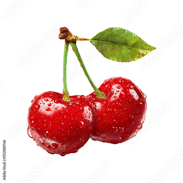 Fototapeta Fresh Red Cherry with Stem, Leaf, and Water Drops Isolated on Transparent Background.