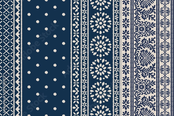 Obraz Floral Embroidery Ikat Saree Pattern in Traditional Ethnic Style, Abstract Fabric Design for Clothing Wrapping and Decoration, Seamless Textile Motif Background Vector.
