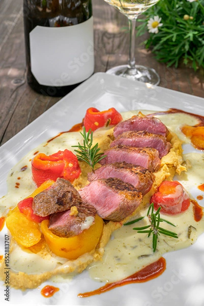 Fototapeta Tenderly cooked lamb salmon on a fine chickpea cream, accompanied by aromatic bell pepper fillets and rounded off with a wonderfully fragrant tarragon sauce