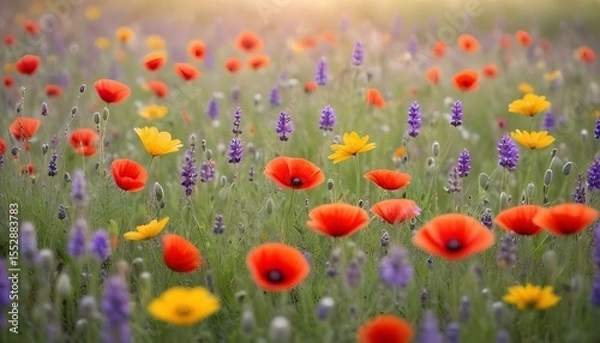 Fototapeta A beautiful meadow filled with colorful poppies and lavender flowers.