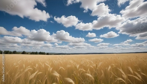 Fototapeta A beautiful golden wheat field under a vibrant blue sky filled with clouds.