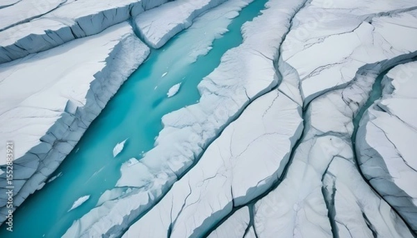 Fototapeta Aerial view of a turquoise river carving through a glacial landscape.