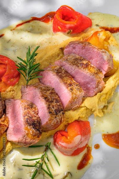 Fototapeta Tenderly cooked lamb salmon on a fine chickpea cream, accompanied by aromatic bell pepper fillets and rounded off with a wonderfully fragrant tarragon sauce