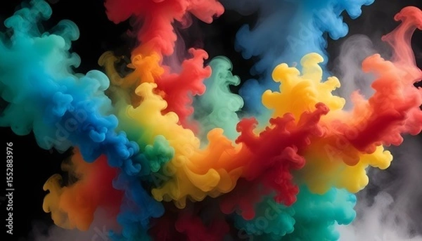 Fototapeta Colorful abstract smoke art swirls and dances on a dark background.