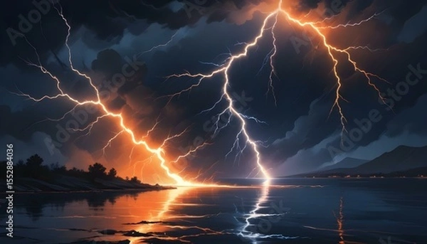 Fototapeta Powerful lightning strikes over a tranquil lake, reflecting in the water with intense light.