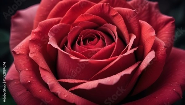 Fototapeta A stunning close-up of a red rose, showcasing its intricate petals and water droplets.