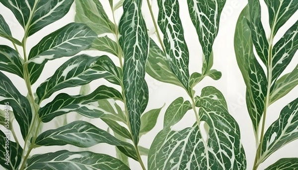 Fototapeta A captivating display of vibrant green leaves with intricate white vein patterns.