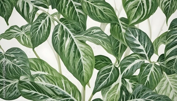 Fototapeta Beautiful green leaves with white veins on a light background creating a natural design.