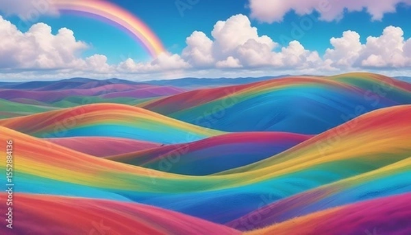 Fototapeta Colorful hills and a rainbow create a beautiful and magical landscape under the sun.