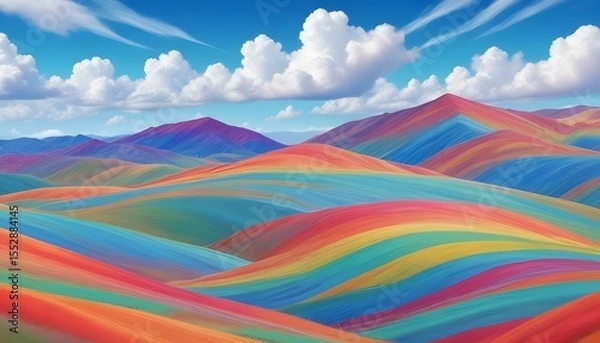 Fototapeta A stunning view of colorful hills and mountains under a bright blue sky with clouds.