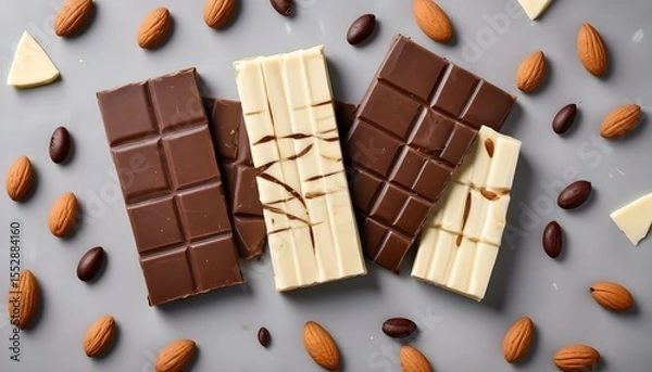 Fototapeta Delicious chocolate bars in milk, dark, and white with almonds and cocoa beans.