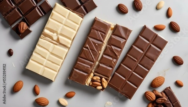 Fototapeta An overhead shot of assorted chocolate bars with almonds, a delicious treat.