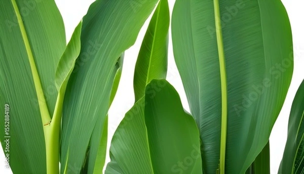 Fototapeta Striking close-up of vibrant green leaves, showcasing their natural texture and details against a bright white background.