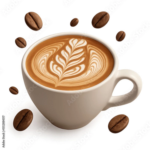 Fototapeta Latte Art and Coffee Beans: An artful latte, adorned with intricate designs, is presented in a pristine white mug, accompanied by scattered coffee beans, evoking the aroma of a rich.