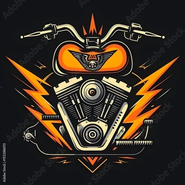 Obraz Bold vintage motorcycle illustration with lightning bolts and emblematic design, featu detailed engine components and striking orange accents on dark background