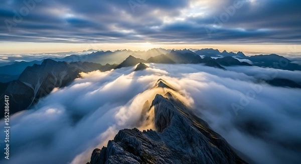 Fototapeta Aerial View of Mountain Peaks Emerging from Cloud Inversion