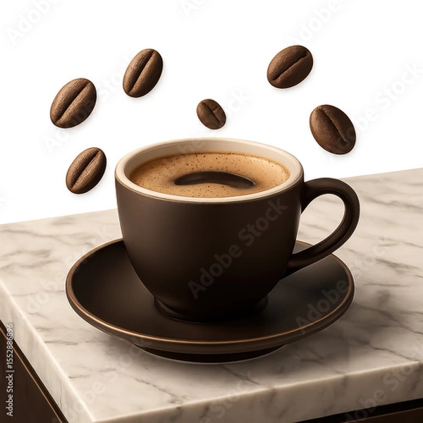 Fototapeta Aromatic Brew: A close-up of a warm cup of coffee, with floating coffee beans in an artistic, high-angle shot that is a perfect start to the day.