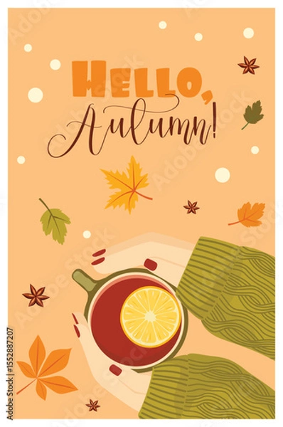 Fototapeta Vector autumn card, banner on orange background. Illustration concept of autumn mood, drinks and food.