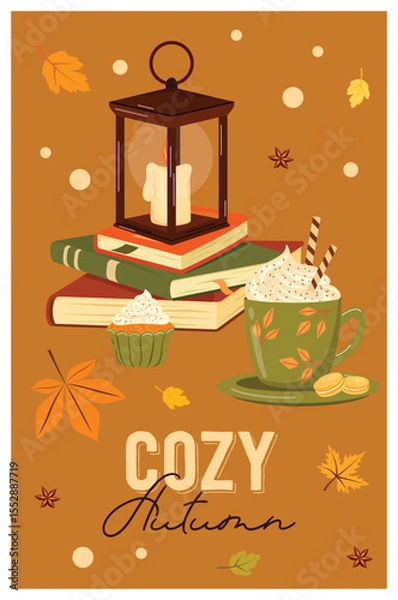 Fototapeta Vector autumn card, banner on orange background. Illustration concept of autumn mood, drinks and food.