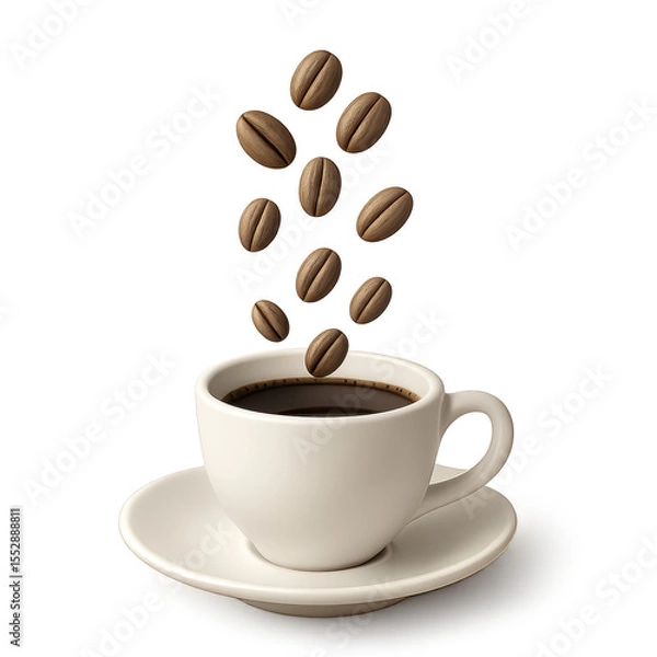 Fototapeta Aromatic Coffee Essence: Coffee beans cascade into a pristine white cup filled with rich, dark brew, capturing the essence of morning rituals and caffeinated delights.