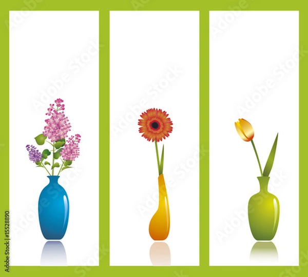 Fototapeta Lilac, gerbera and tulip in vases against white background