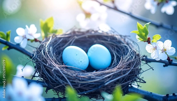 Fototapeta A bird's nest amid cherry blossoms holds eggs, symbolizing spring and new starting.