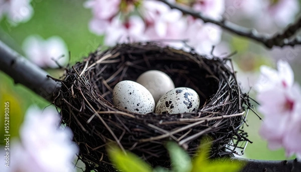Fototapeta A bird's nest amid cherry blossoms holds eggs, symbolizing spring and new starting.