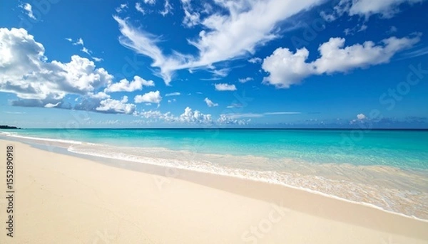 Fototapeta Beautiful sandy beach with white sand and rolling calm wave of turquoise ocean
