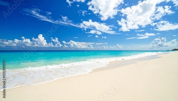 Fototapeta Beautiful sandy beach with white sand and rolling calm wave of turquoise ocean