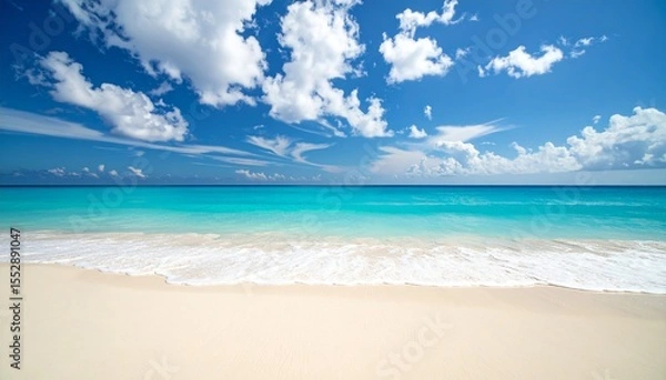 Fototapeta Beautiful sandy beach with white sand and rolling calm wave of turquoise ocean