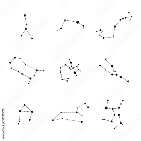 Fototapeta Minimalist vector graphic displaying zodiac constellations, connecting celestial points with dashed lines, revealing astrological symbols against clean white backdrop