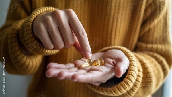 Obraz Female hands holding omega-3 capsules in cozy sweater close-up