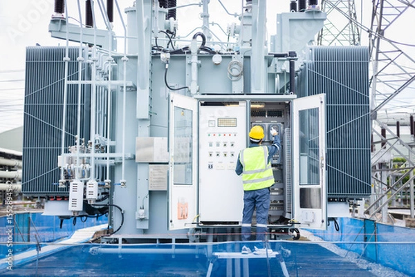 Fototapeta Engineer is working on high voltage power substation performing inspection and check of infrastructure to ensure safety and proper operation of electrical system