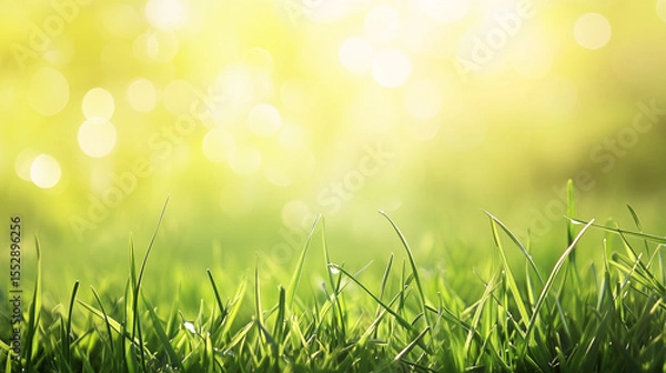Fototapeta A fresh spring sunny garden background of green grass and blurred foliage bokeh.