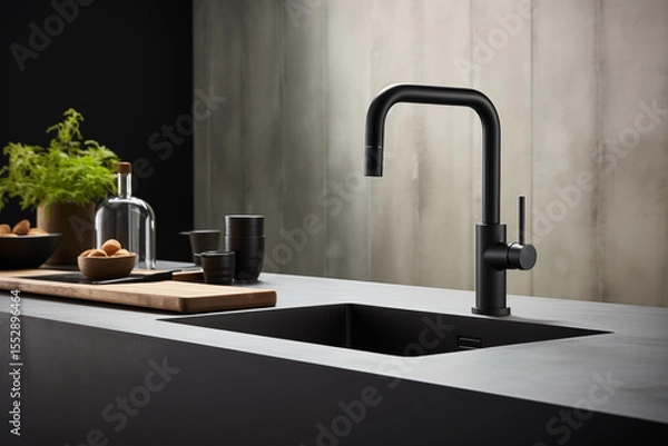 Fototapeta Kitchen island sink with black faucet. This scene is set in a stylish home