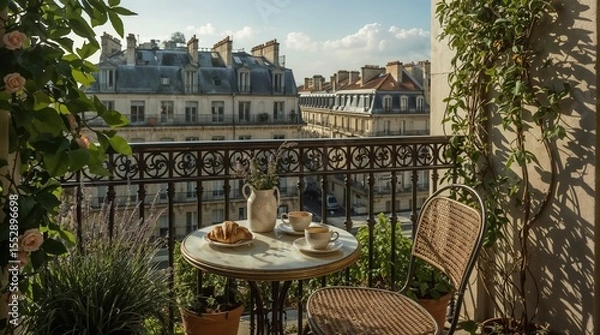 Fototapeta Elegant Parisian balcony breakfast setup with croissants overlooking classic Haussmann architecture